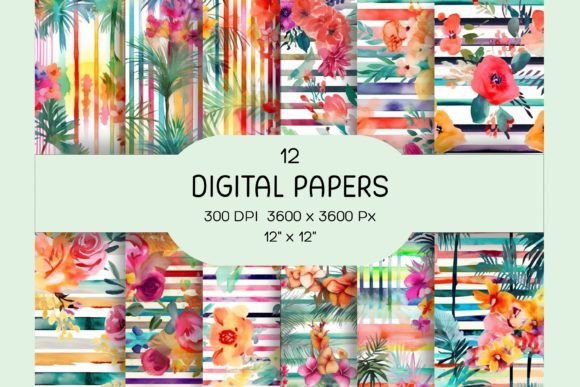 Floral and Strip Digital Paper Set: 12 Designs for Endless Creativity