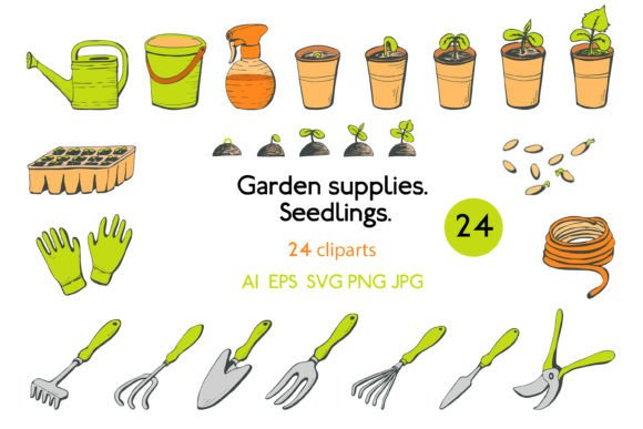 Garden Supplies Seedlings: 24 Cliparts for Fresh Design Projects
